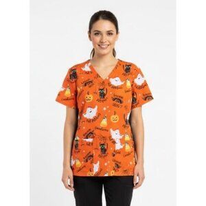 Scrubstar XXL Nurse Medical Hospital Festive Orange Halloween Scrub Top Shirt